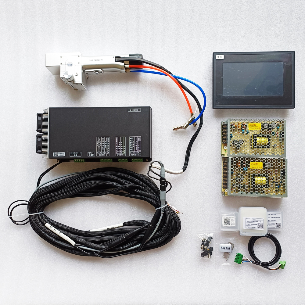 Laser cleaning components, work head, controller, cabling, power supply.