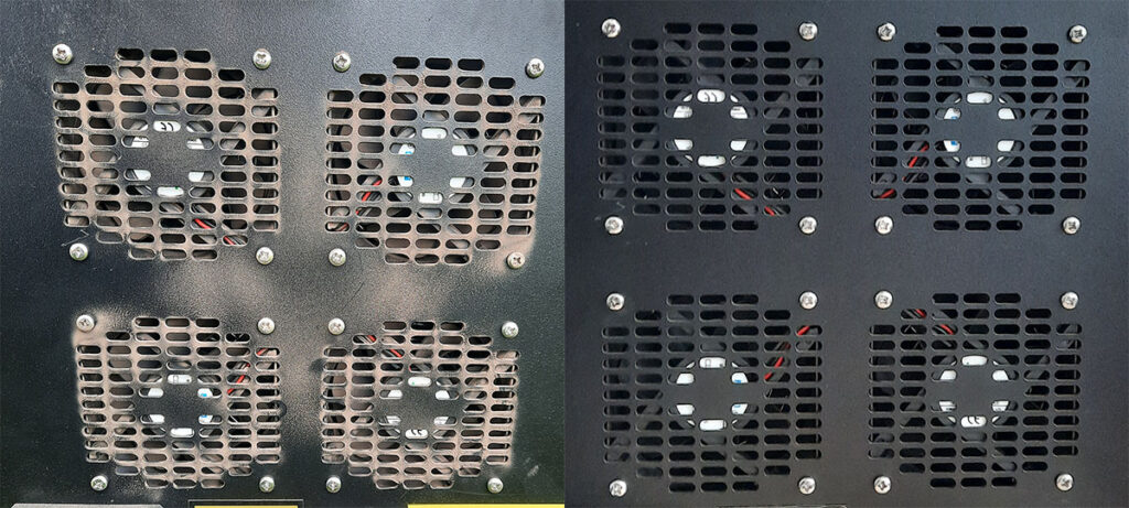 Laser cleaning machine cooling vents – dusty / cleaned